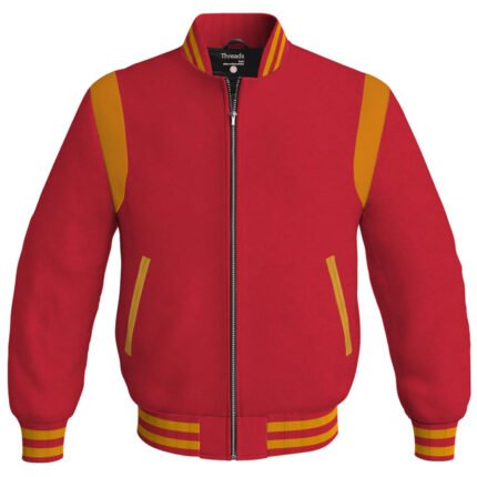 Retro Red Letterman Baseball Bomber Jacket with Golden Leather Inserts