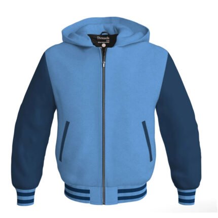 Sky Blue Letterman Bomber Hoodie Jacket with Navy Blue Leather Sleeves