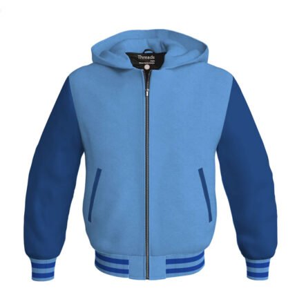 Sky Blue Letterman Bomber Hoodie Jacket with Blue Leather Sleeves